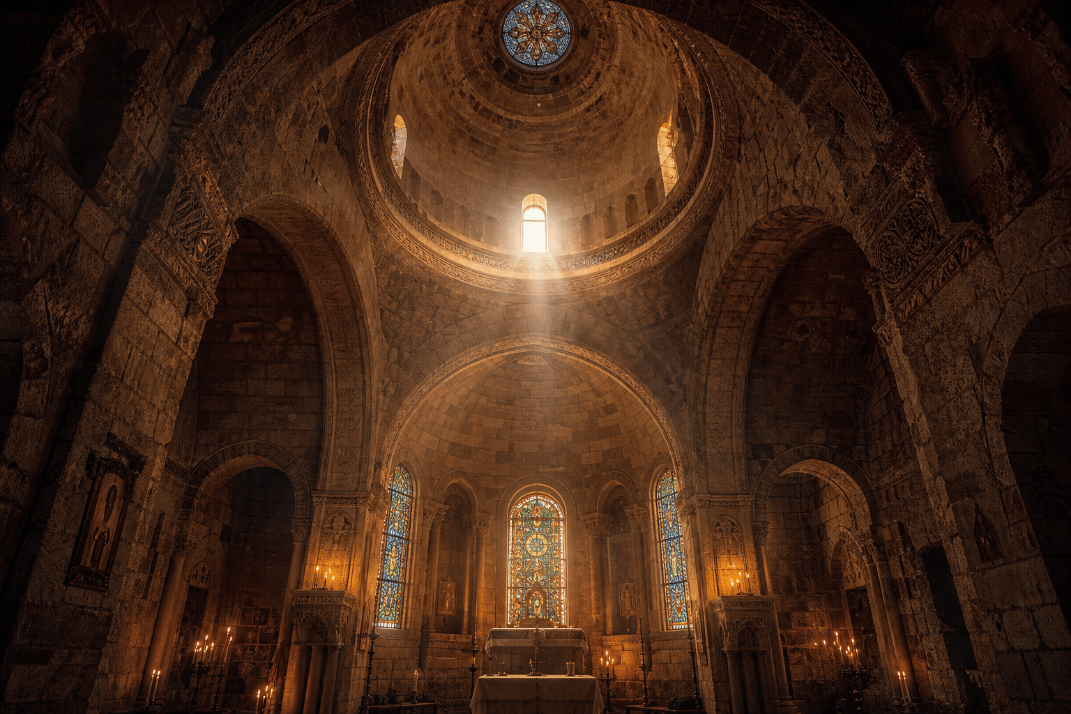 Mardin tarihi kilise kubbe mimarisi — iç mekân görünümü