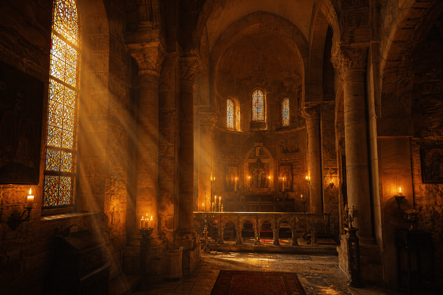 Mardin eski kilise iç mekânı — vitray ve mum ışığı, Feraye Hoca atmosferi