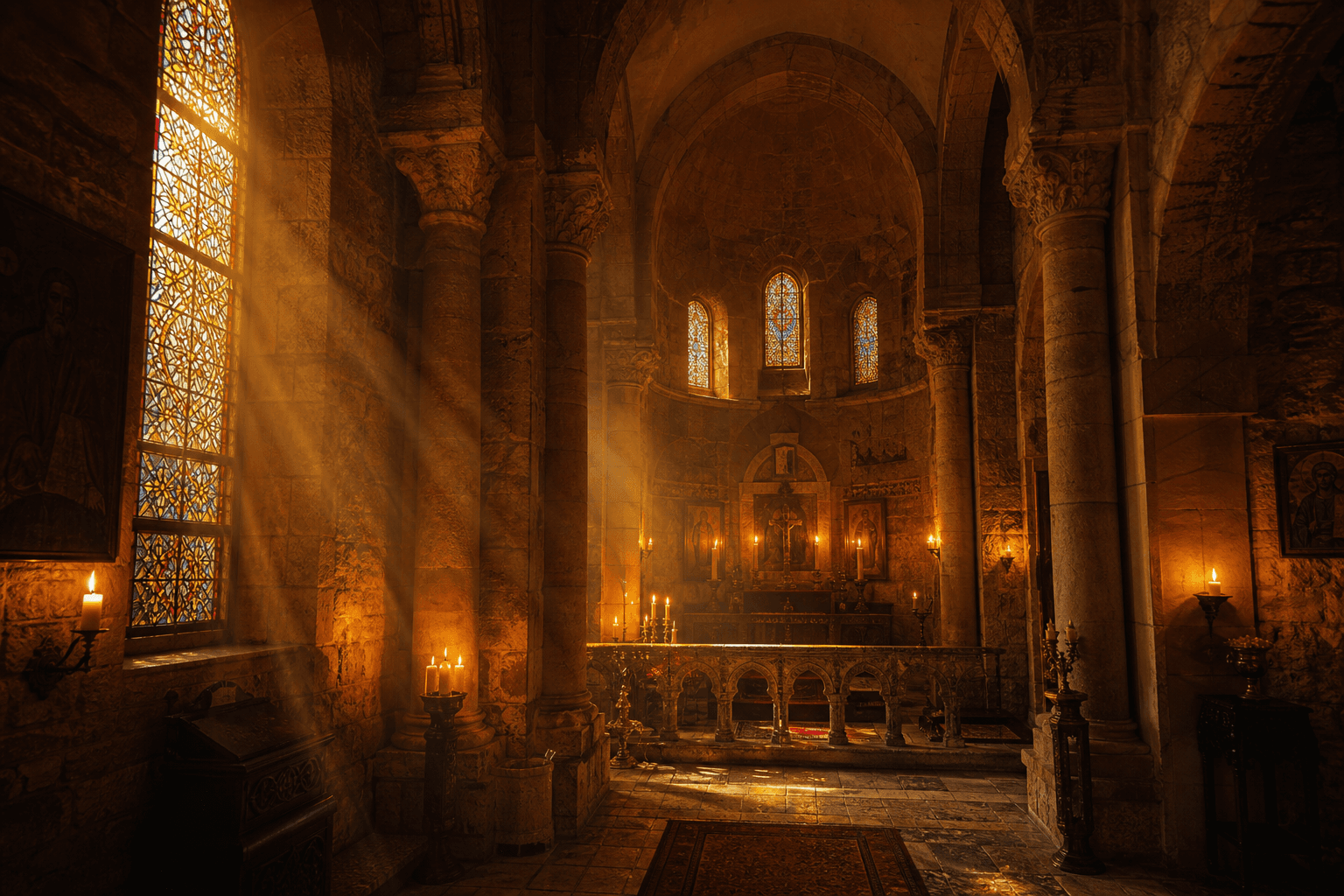 Mardin eski kilise iç mekânı — vitray ve mum ışığı, Borahan Hoca atmosferi